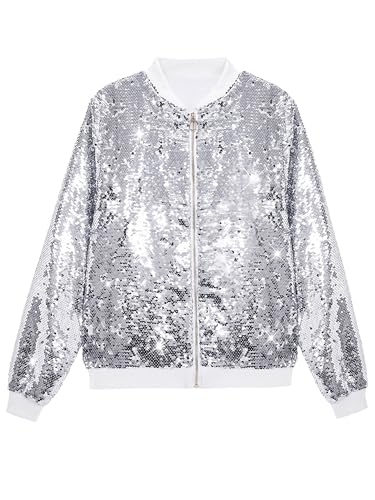 Image of Lars Amadeus Sequin Varsity Jacket for Men's Zipper Party Disco Flip-Sequin Shiny Bomber Jackets