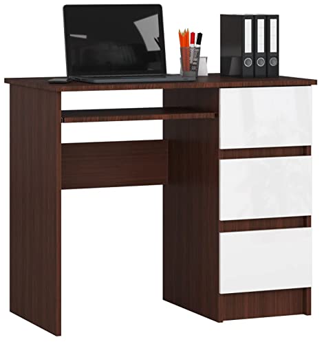 ADGO A-6 CLP Bureau d'ordinateur avec 3 Tiroirs 90x77x50cm, Plateau de Clavier Extensible, pour Travail, étude, Chambre d'enfant, Design Simple, Rectangulaire, pour Apprendre (Droit, Wenge/Blanc)