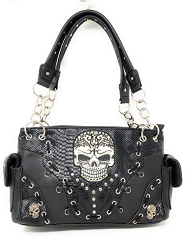 western rhinestone skull concho stitched handbag purse set (black)2