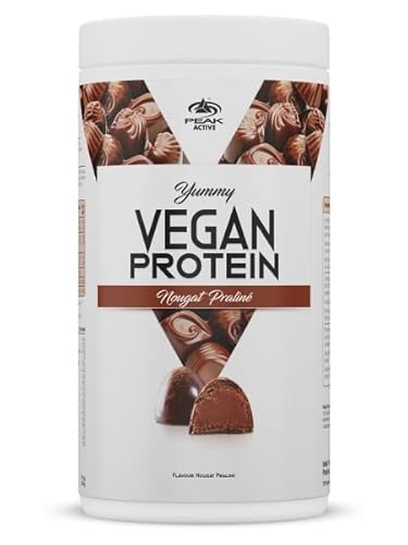 PEAK Yummy Vegan Protein - 450g Geschmack Nougat Praliné I 15 Portionen I Proteinquellen: Kürbis, Favabohne, Erbse, Mandel, Hanf I frei von Gentechnik I glutenfrei