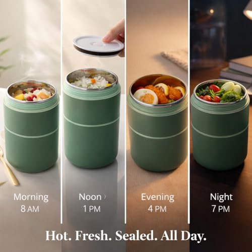Image of Insulated Stackable Bento Box, 304 Stainless Steel Leak-Proof Thermal Lunch Pot with Foldable Spoon, 780ML Double-Layer Food Flask for Work & School - Green