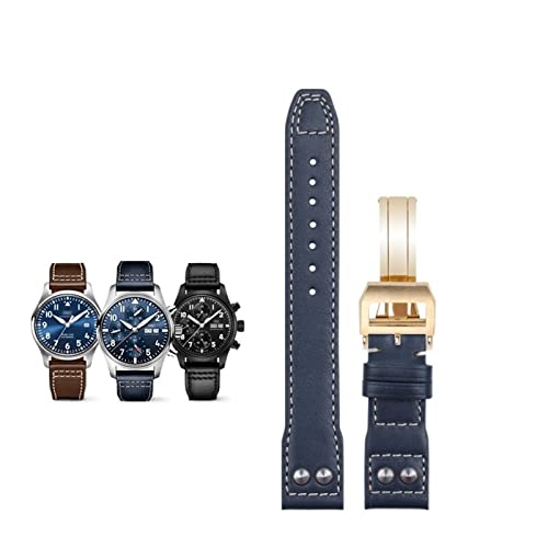 Bracelet de montre 20mm en cuir bleu et boucle dorée pour IWC Big Pilot