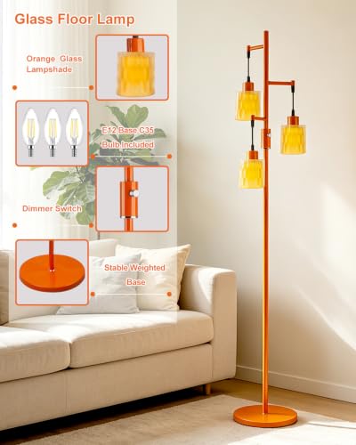 Image of Lightdot 67 inch 3-Light Glass Floor Lamp for Living Room, Dimmable with Orange Glass Shade & E12 Bulbs Included, Mid Century Standing Tall Lamp with 5Lbs Heavy Base for Bedroom /Sofa Beside /Corner