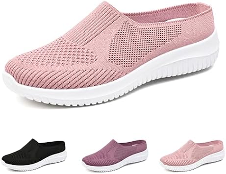 YTINGNICE Womens Breathable Knit Mesh Mules Womens Air Cushion Slip-On Walking Shoes Slip-On Mesh Half Slippers Walking Slippers Pink,US-9.5