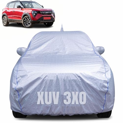 Image of 100% Waterproof Car Body Cover for Mahindra XUV 3XO (2024-2025) with Mirror Pocket, Heat & UV Resistant, Triple Stitched, Soft Lining, Bottom Elastic & Piping (Silver Reflective)