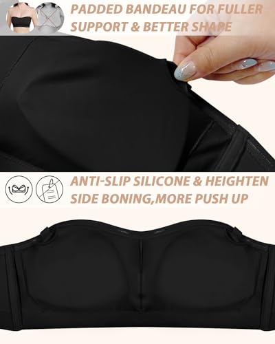 Image of LEYSHE Strapless Bra for Women Bandeau Bra Wireless Seamless Padded Tube Top Non-Slip Bandeau Top with Hook and Eye Closure