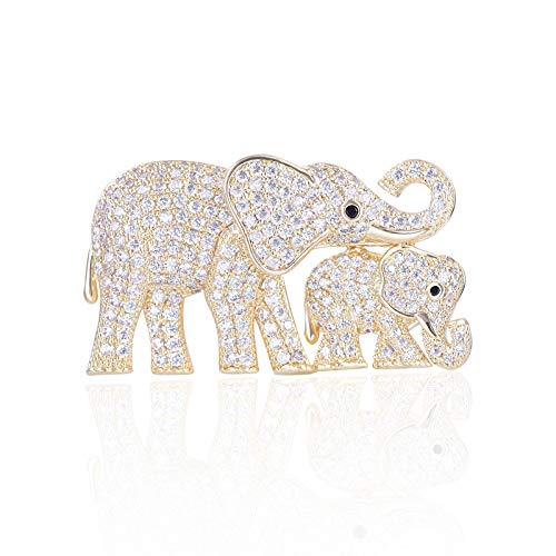 OBONNIE Cute Mother and Baby Elephants Brooch Pins Crystal Rhinestone Animal Kingdom Breastpin Broach (Gold)