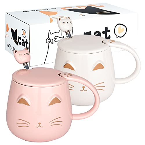 Lot de 2 tasses à café en forme de chat mignon avec couvercle et cuillère en forme de chat Pour les amoureux des chats Pour filles et femmes - Cadeau de Noël ou d'anniversaire 450 ml Blanc et rose