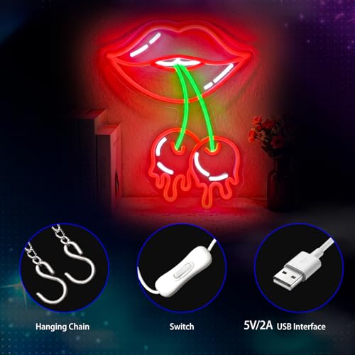 Image of Cherry Lips Neon Sign, Neon Signs for Wall Decor Neon Red LED Signs Room Neon Light Up Signs Home Decor for Bedroom Club Party Bar Shop USB Operated