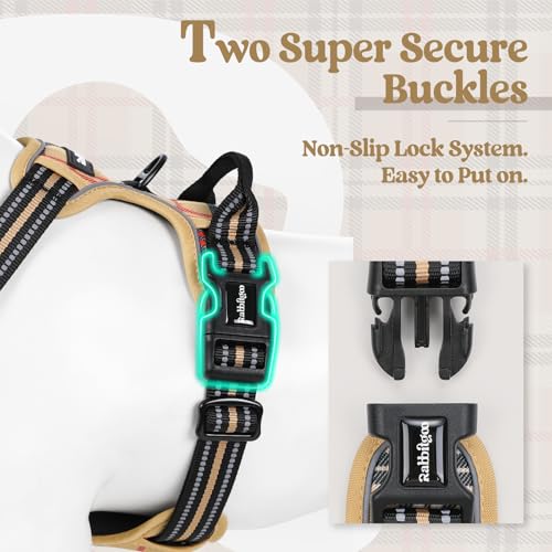 Image of rabbitgoo Dog Harness No Pull with 2 Leash Clips, Adjustable Soft Padded, Reflective Oxford No Choke Pet Vest with Easy Control Handle for Large Dogs, Beige Plaid, L