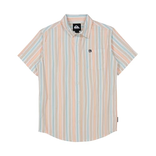 Quiksilver Boys' Apero Classic Short Sleeve Woven Shirt, Button Down Top, Stylish & Comfortable, Light Peach Stripe, 14-16