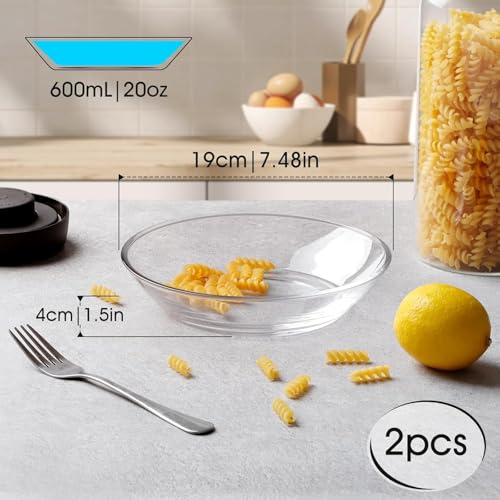 Image of PrimeWorld 7.5 Inch Small Glass Pasta Deep Plate (2 Pack) | Transparent Glass Plates for Soup, Salad, Pasta & Dessert | Microwave, Oven & Dishwasher Safe | Elegant Dining Tableware