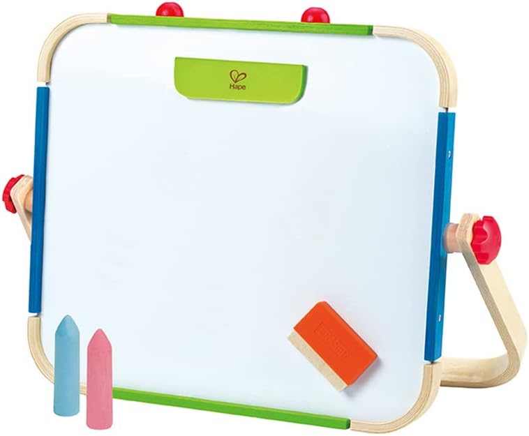 Early Explorer Anywhere Table Top Art Studio by Hape | Award Winning Double-Sided Wooden Kids Easel Whiteboard/Chalkboard with 2 Chalk Pieces, Eraser and Magnetic Wood Clamp for Paper