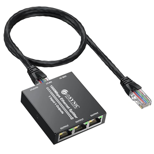 eSynic Divisor Ethernet Gigabit 1 en 4 RJ45 Splitter 1000Mbps con Alimentación USB TipoC Adaptador de Red RJ45 para Router PC PS5 TV Repartidor de Internet Compatible con Cables Cat8/7/6/5 Plug & Play