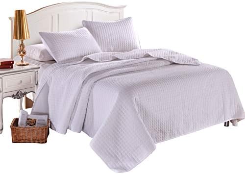 Everest Supply Full White Solid Color Box Stitch Quilted Bedspread Coverlet 86 by 86 inches Plus 2 Standard Shams 20 by 26 inch Breathable Reversible Bed Cover for Homes,Hotels,Motels, Rentals 4 lbs