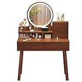Mesa de tocador de madera con espejo y luces LED, pequeño escritorio de maquillaje para dormitorio de niñas y vestidor (marrón)
