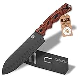 DFACKTO Interceptor Santoku 6.5 Inch Utility Knife – High Carbon Stainless Steel Full Tang Blade for Kitchen, Cooking, Camping & Outdoor Use – Stonewashed Tactical Design w/ G10 Handle – Orange