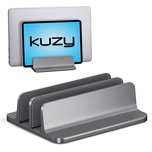 Kuzy Vertical Laptop Stand Holder Adjustable Double Vertical Laptop Holder Desk Stand for MacBook Pro Vertical Stand, MacBook Stand Vertical MacBook Stand, Closed Mac Vertical Stand Rack, Space Gray