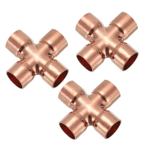 PATIKIL 5-8(16mm) Copper Cross Pipe Fitting, 3 Pcs 4 Way Welding Copper End Feed Equal Pipe Connector for Plumbing Air Conditioning Refrigeration