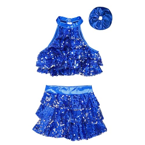 JanJean Kids Girls Sparkle Metallic Crop Top with Skirted Hair Band for Hip Hop Jazz Street Dance Competition Royal Blue 11-12 Years