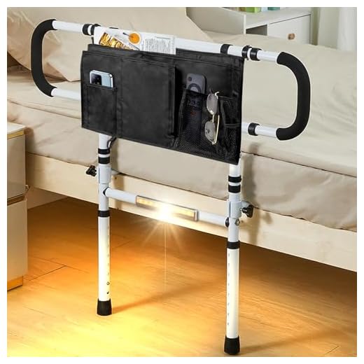 EasyVibe Bed Rails for Elderly Adults with Motion Light & Comfort Flat Tube Base, 180° Folding Bed Guard for Fall Prevention, Sturdy 160kg Support Frame