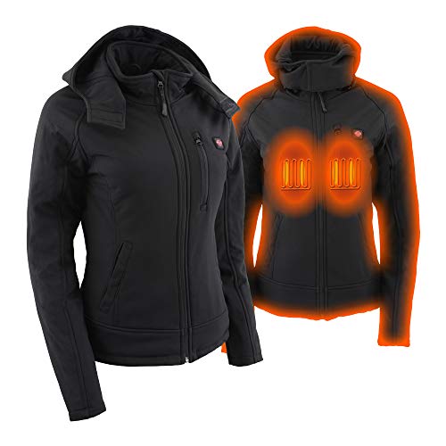 Nexgen Heat NXL2767SET Ladies 'Ruffled' Black Heated Soft Shell Hooded Jacket (Rechargeable Battery Pack Included)