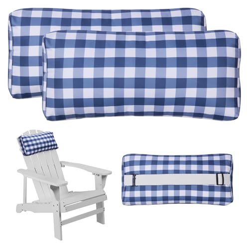 Rasugarlary Outdoor Pillow for Chaise Lounge Chair, Plaid Oudoor Patio Pillow with Insert Adjustable Elastic Strap for Recliner Beach Pool Patio Chairs, 2 Pcs Blue and White
