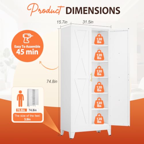 Image of PAOFIN 75 inch H Tall Kitchen Storage Cabinet with Doors | Freestanding Pantry Cabinet,Farmhouse Food Storage Cabinets,Tall Cabinets for Kitchen, Dining Room, Living Room(White)