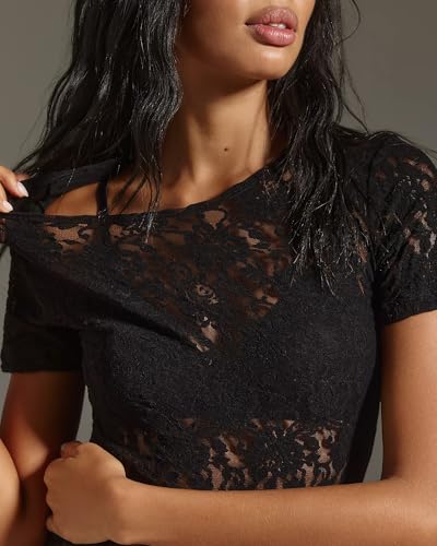 Gacaky Womens Mesh Sheer Short Sleeve Layering Top Summer Sexy Y2k Floral Embroidery Lace See Through Tee3