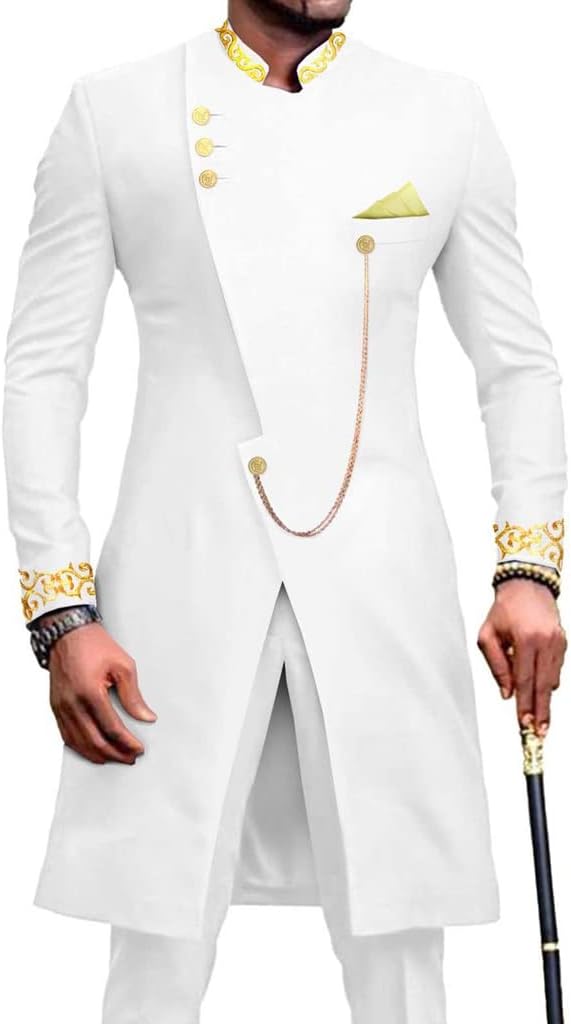 African Suit for Men Jacket Shirt and Pants 2 Piece Set Traditional Gold Printed Long Sleeve Outfits, S-4XL (Color : White, Size : 3X-Large)