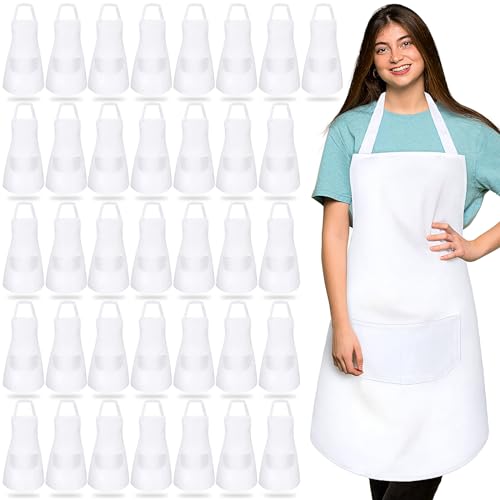 Handepo Bib Apron Bulk Unisex Cotton Aprons with Pockets Plain Washable Apron for Kitchen Restaurant BBQ Painting Crafting(White, 36 Pack)