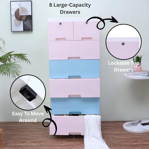 Image of The Tickle Toe Plastic Chest of 7 Drawers for Kids | Multipurpose Organizer with 2 Locks | Glossy Dresser for Clothes & Toys | Portable Cabinet | L51xW33xH121 cm | 5 Pink & 2 Blue Drawers