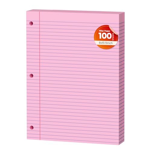Pink Loose Leaf Paper 100 Sheets Colored Filler Paper 8 * 10.5 College Ruled 3-Hole Punched Paper for 3-Ring Binders Notebook Lined 8 x 10.5