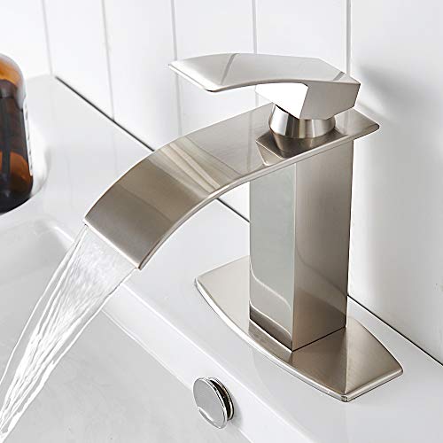 Hoimpro Waterfall Spout Brushed Nickel Bathroom Faucet,Single Handle Bathroom Vanity Sink Faucet, Rv Lavatory Vessel Faucet Basin Mixer Tap with Deck Plate, Lead Free Solid Brass (One or 3 Hole)