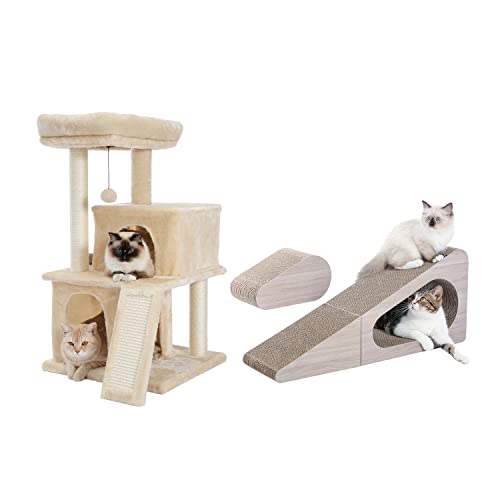 34 Inches Tall Cat Tower Bundle With 2 In 1 Large 28.3" Corrugated Cat Scratcher #TOP20