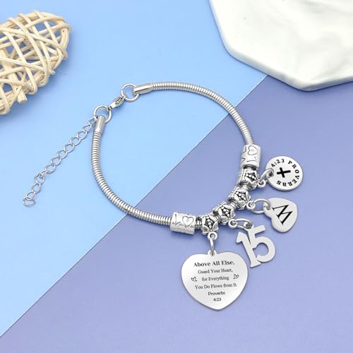 Image of 15th Birthday Gifts Bracelet Initial Gifts for Girls Christian Bracelet Happy 15th Birthday Gift for Daughter Granddaughter Son Letter A-Z Gift Bible Verse Gifts Inspirational Gift for Niece Friends