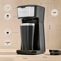 Barista Single Kaffeemaschine to go 450 Watt | kompakte Filterkaffeemaschine mit Thermobecher | kleine, tragbare Coffee to go Maschine | Inkl. Isolierbecher & Nylon-Permanentfilter - Schwarz, Silber – Ansicht 5