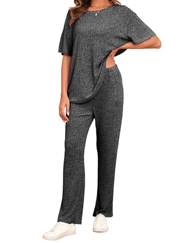 Famulily Wide Leg Loungewear Sets for Women Short Sleeve Summer, Ladies Tracksuit Ribbed Clothes Set Oversized 2 Piece Outfits Leisure Suits (S, Dark Grey)
