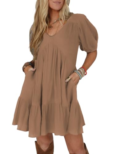 Best Dresses to Wear with Boots: Your Ultimate Guide 15 Acelitt Women's Summer Dresses 2026 Beach Casual Deep V Neck Loose Sundress Short Sleeve Mini Dress with Pockets Brown XX-Large
