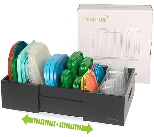 CLEANCLUE Erweiterbarer Küchenschrank-Organizer für Lebensmittelaufbewahrungsbehälter, Bambus-Schubladenbehälter, verstellbare Trennwände, Box für die Aufbewahrung und Organisation, Deckel Organizer