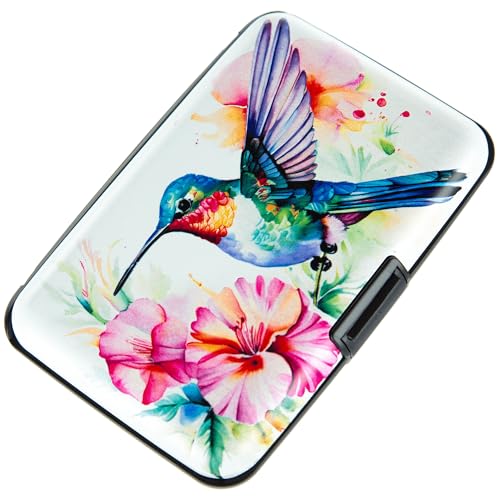 Image of Credit Card Holder, Metal Card Wallet RFID Blocking Mini Slim Aluminum Business Hard Card Case for Women Men (Flowers Hummingbird)