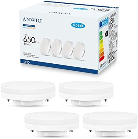 ANWIO 6.5W GX53 LED Bulb ,Led Under Cabinet Lights GX53 Warm White ,3000K, 650LM ,Replace 50W GX53 Halogen or CFL 9W 13W GX53 Light Bulbs( Pack of 4)