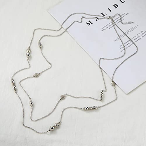 Bulinlin Layered Silver Long Necklace For Women Turquoise Stone Beaded Strand Sweater Chain Necklaces Fashion Costume Jewelry Gifts For Mom(Metal) #TOP3