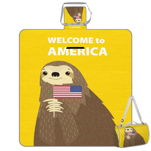 Shimoshe Picnic Blankets 57”x 59”, American Flag Sloth Waterproof Sandproof Picnic Mat Lightweight Foldable Beach Blanket for Camping Park Grass Beach Outdoor Blanket