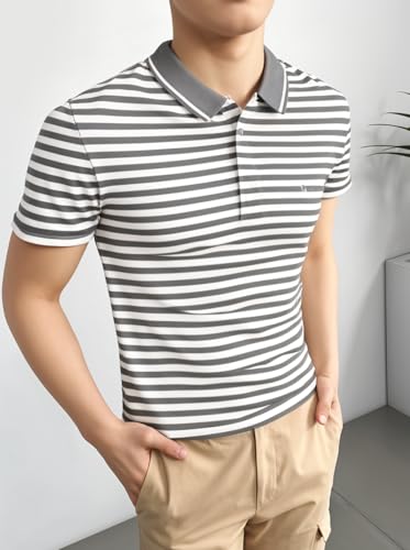 Image of Mack Jonney Men's Striped Cotton Rich Collar Neck T Shirt | Collar Tshirts | Half Sleeves | Striped-Regular Fit-MM485-nw