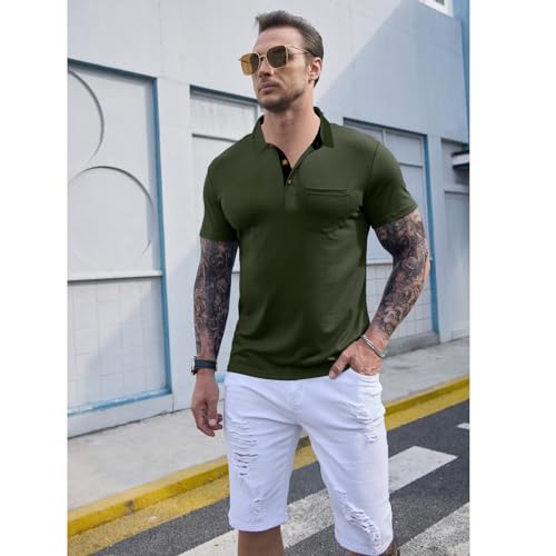 Image of Men's Short Sleeve Polo Shirts Buttons Collared T Shirts with Pocket | Moisture-Wicking,Soft Stretch Fabric, Lightweight,Structured Collar,Business Casual, Golf, Office,All-Day Comfort