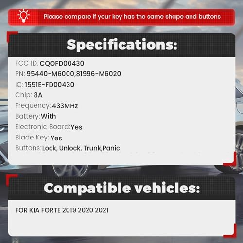 Beefunny Keyless Entry Remote Key Fob Replacement for Kia Forte 2019 2020 2021 Smart Car Key 433MHz 8A Chip FCC ID:CQOFD00430 P/N:95440-M6000 (1) by Beefunny - Image 2