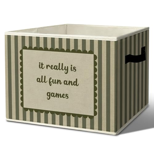 XSTWLJ Rustic It Really Is All Fun And Games Storage Bins & Boxes with Handles, Toys Books Clothes Kids, Green Striped Nursery Foldable Basket for Organizing Bedroom Kids Toddler Room Playroom