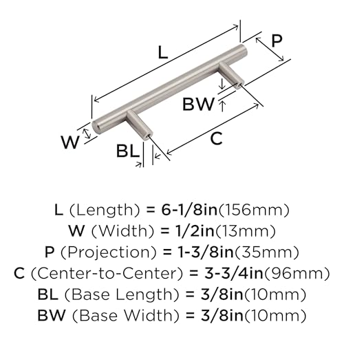 Image of Amerock 3-3 /4 inch Bar Pulls Satin Nickel Drawer Pull | 3-3 /4 inch (96mm) Center-to-Center Mounting Distance and 6-1 /8 inches Overall Length, Durable Carbon Steel Cabinet Hardware