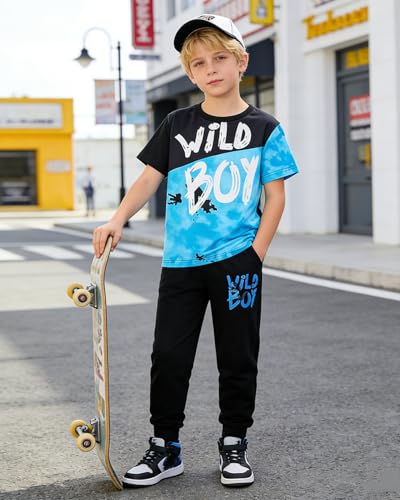 Image of OLMRJKD Boys 2 Piece Outfits Color Block Clothes Short Sleeve T Shirt and Camouflage Pants Summer Clothing Sets